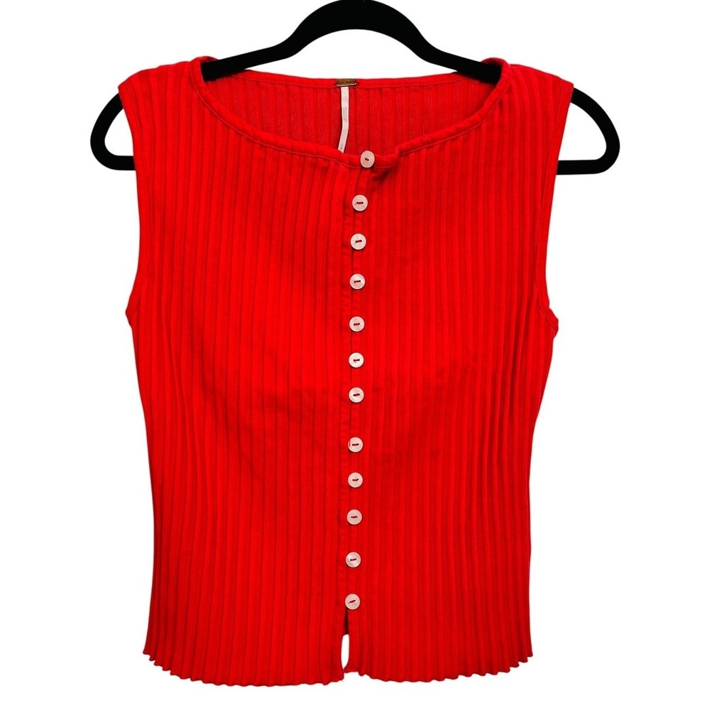 Free People Ribbed Red Button-Front Tank